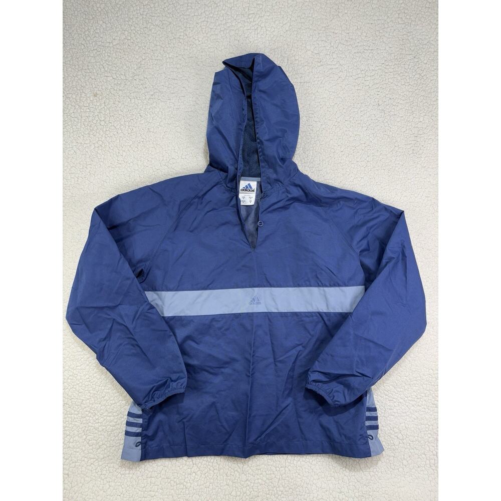 Vintage Adidas Jacket Womens Medium Hooded Blue Rain Windbreaker 1/4 Button Logo